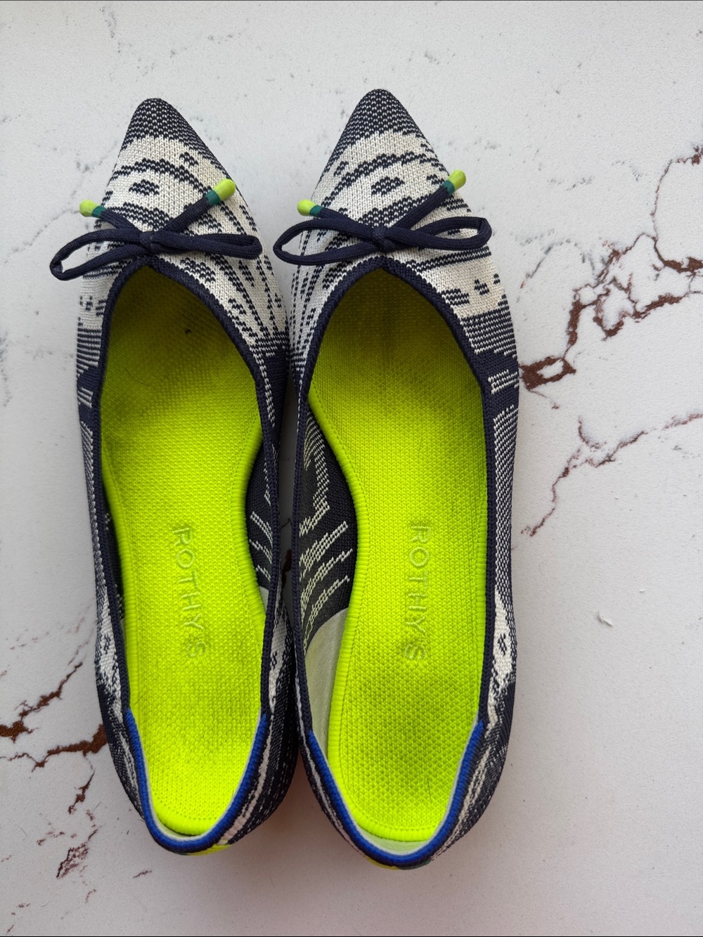 Rothy's Navy & White Pointed Knit Ballet Flats with Lime Insole
